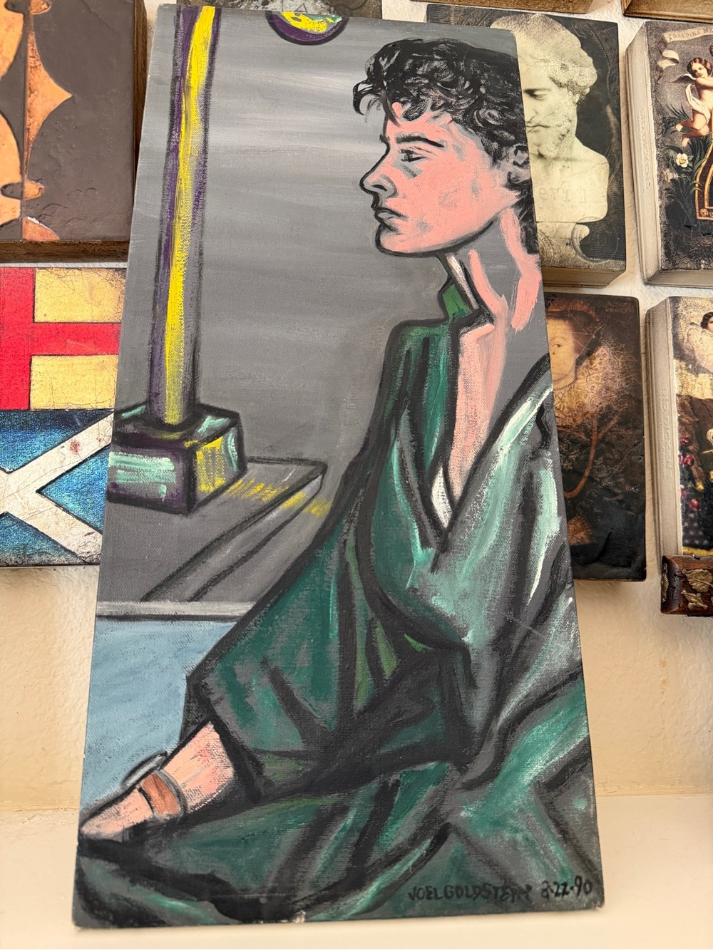 Original Signed Joel Goldstein 1990 Expressionist Portrait Painting on Canvas